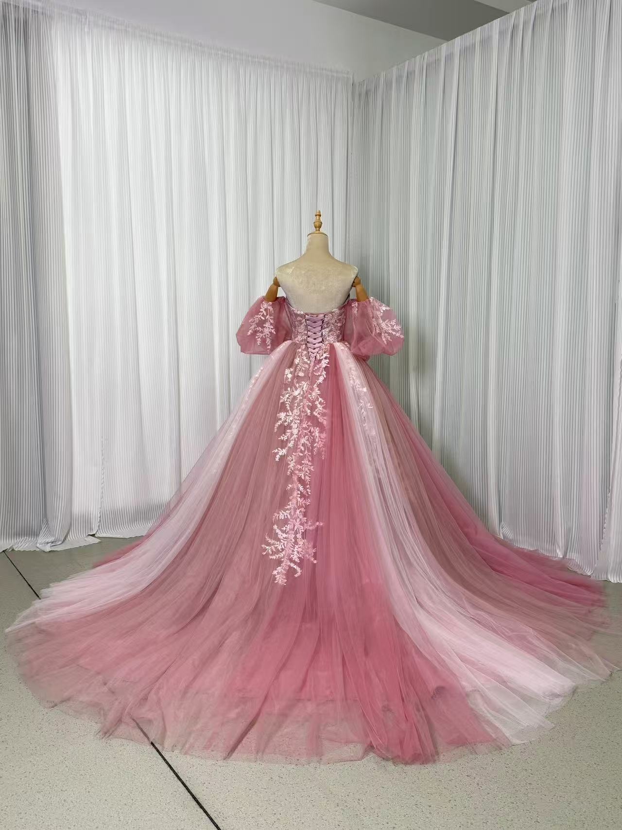 美品！カラードレス ピンク ベアトップ パフスリーブ グラデーション 繊細レース 編み上げ 前撮り