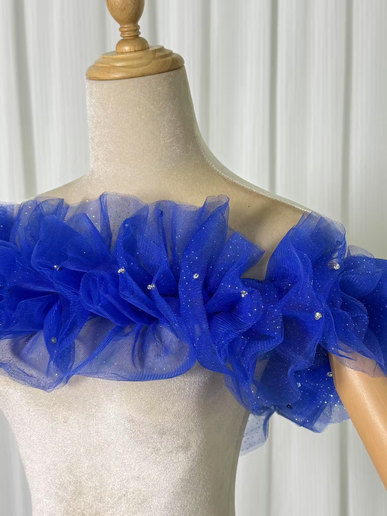 オフショルダー ジュエルブルー キラキラチュール ハンドメイド ビジュー クラシカル 前撮り 