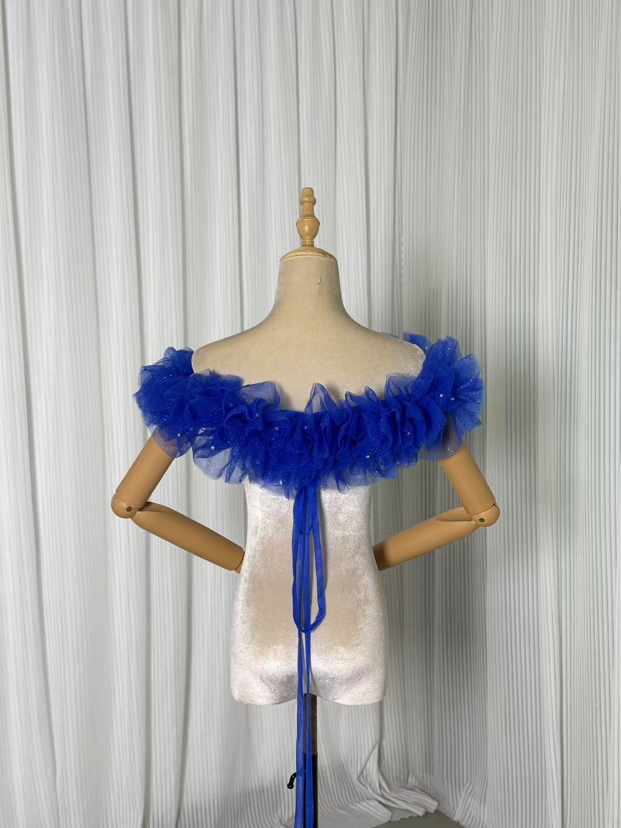 オフショルダー ジュエルブルー キラキラチュール ハンドメイド ビジュー クラシカル 前撮り 