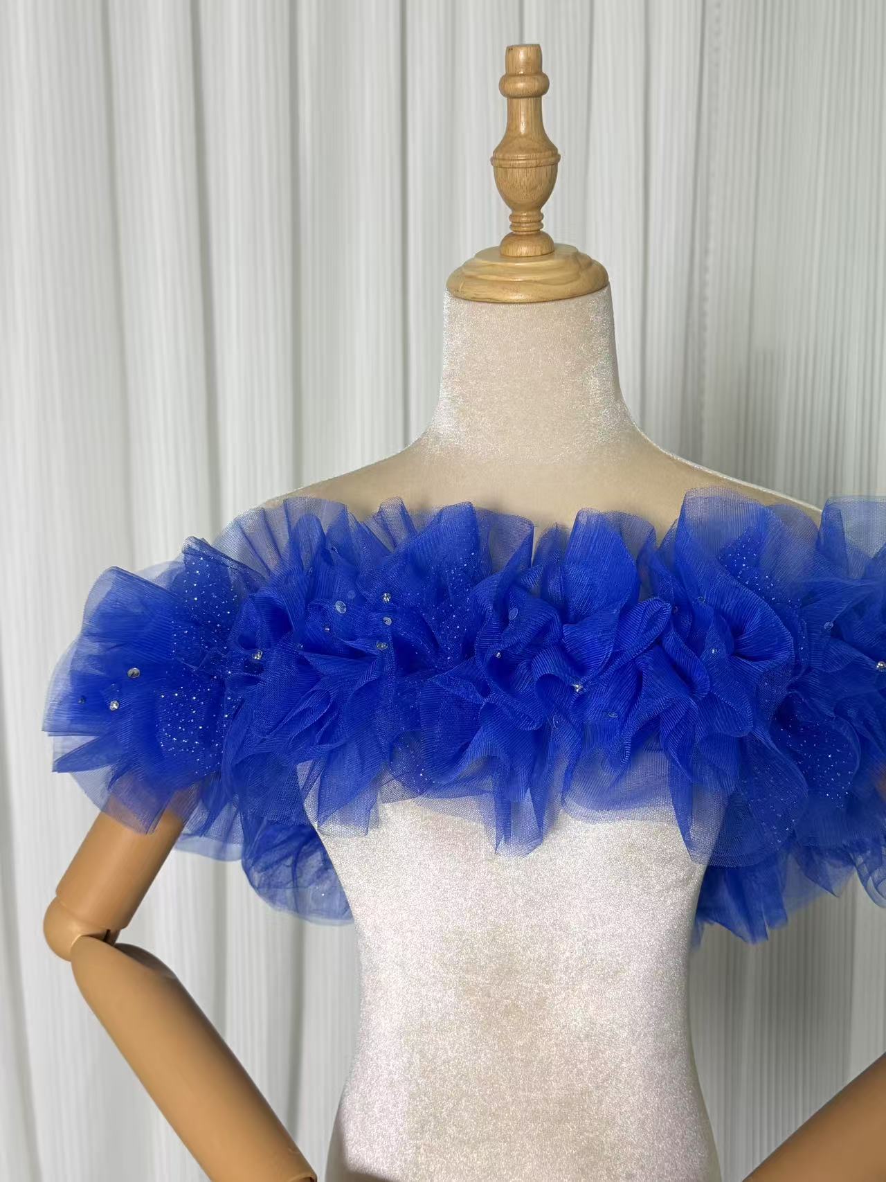 オフショルダー ジュエルブルー キラキラチュール ハンドメイド ビジュー 前撮り