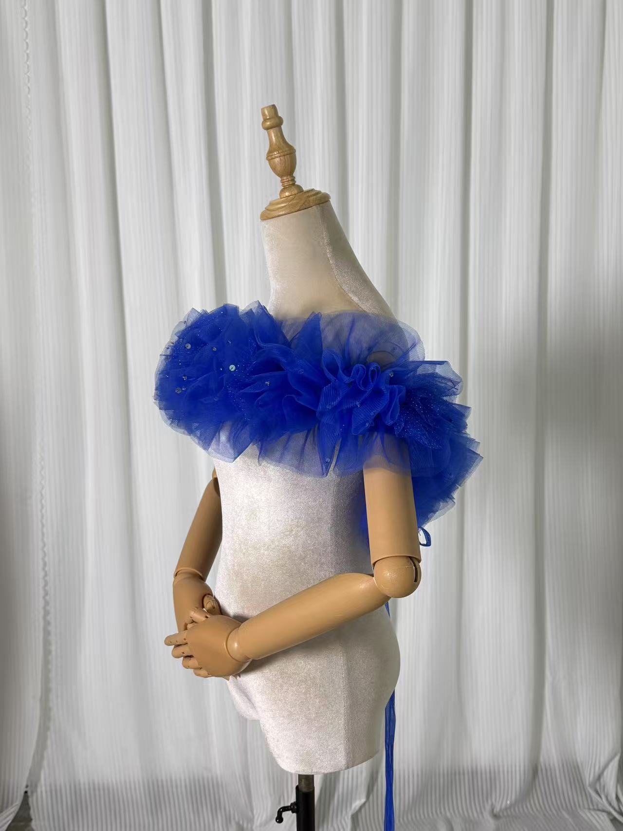 オフショルダー ジュエルブルー キラキラチュール ハンドメイド ビジュー 前撮り