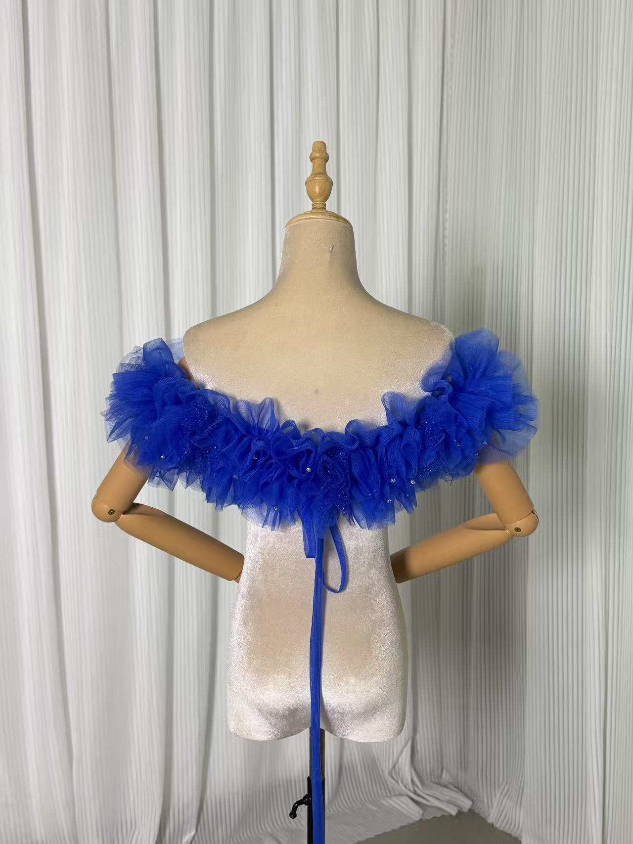 オフショルダー ジュエルブルー キラキラチュール ハンドメイド ビジュー 前撮り