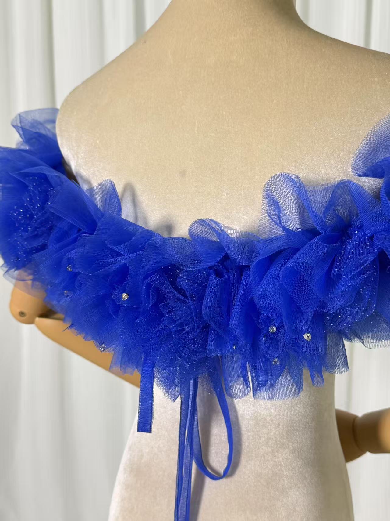 オフショルダー ジュエルブルー キラキラチュール ハンドメイド ビジュー 前撮り