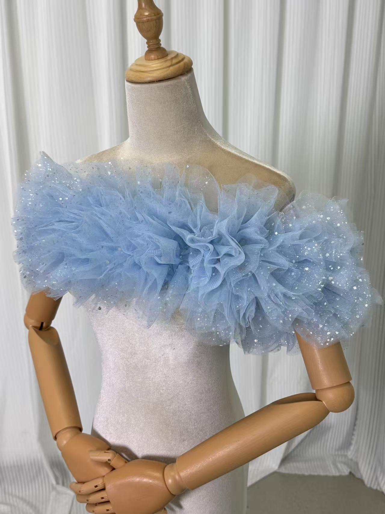 取り外しオフショルダー 爽やかで優しいブルー キラキラチュール 編み上げ 可愛い 前撮り