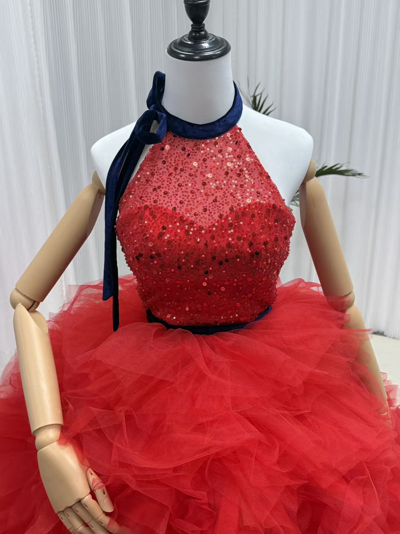 豪華！カラードレス+トップス ボルドー色 キラキラスパンコール ボリュームドレス ソフトチュール 編み上げ 花嫁 前撮り