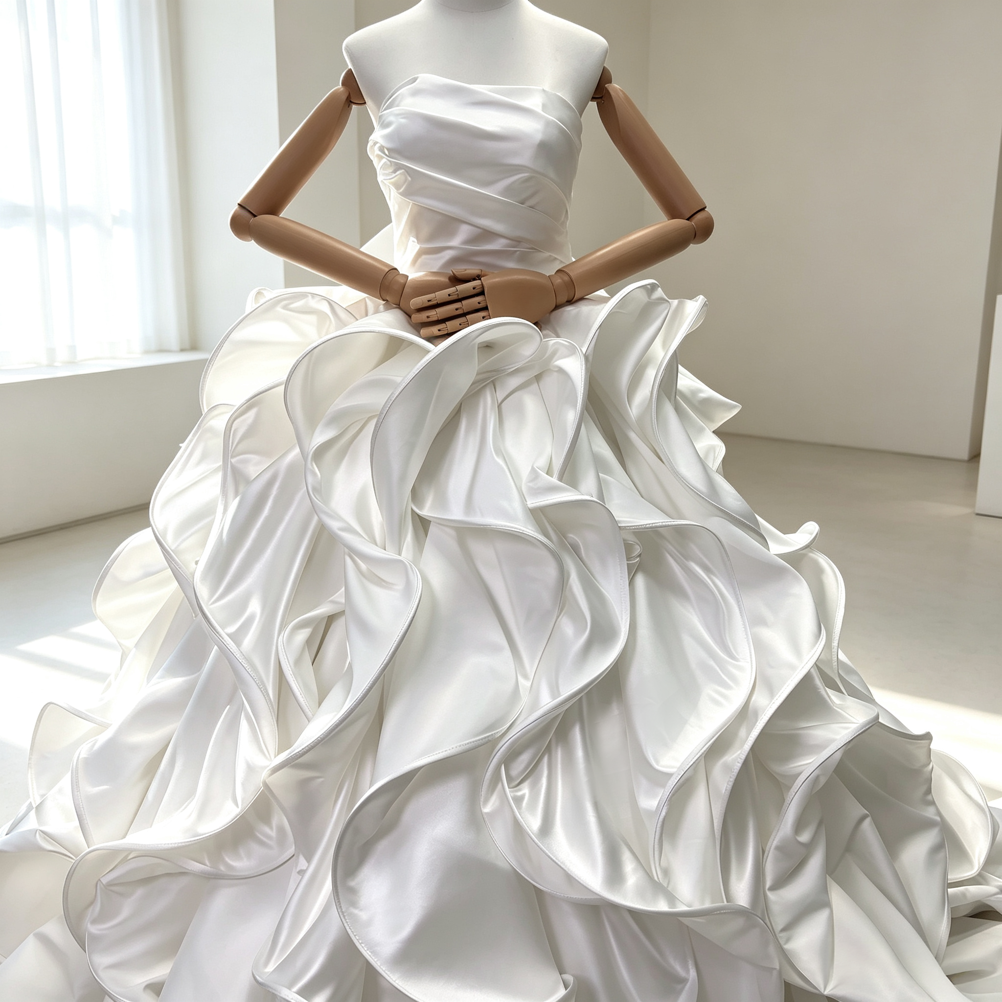 豪華！ウエディングドレス ベアトップ ラッフルフリル ロイヤルサテン ボリュームドレス 結婚式