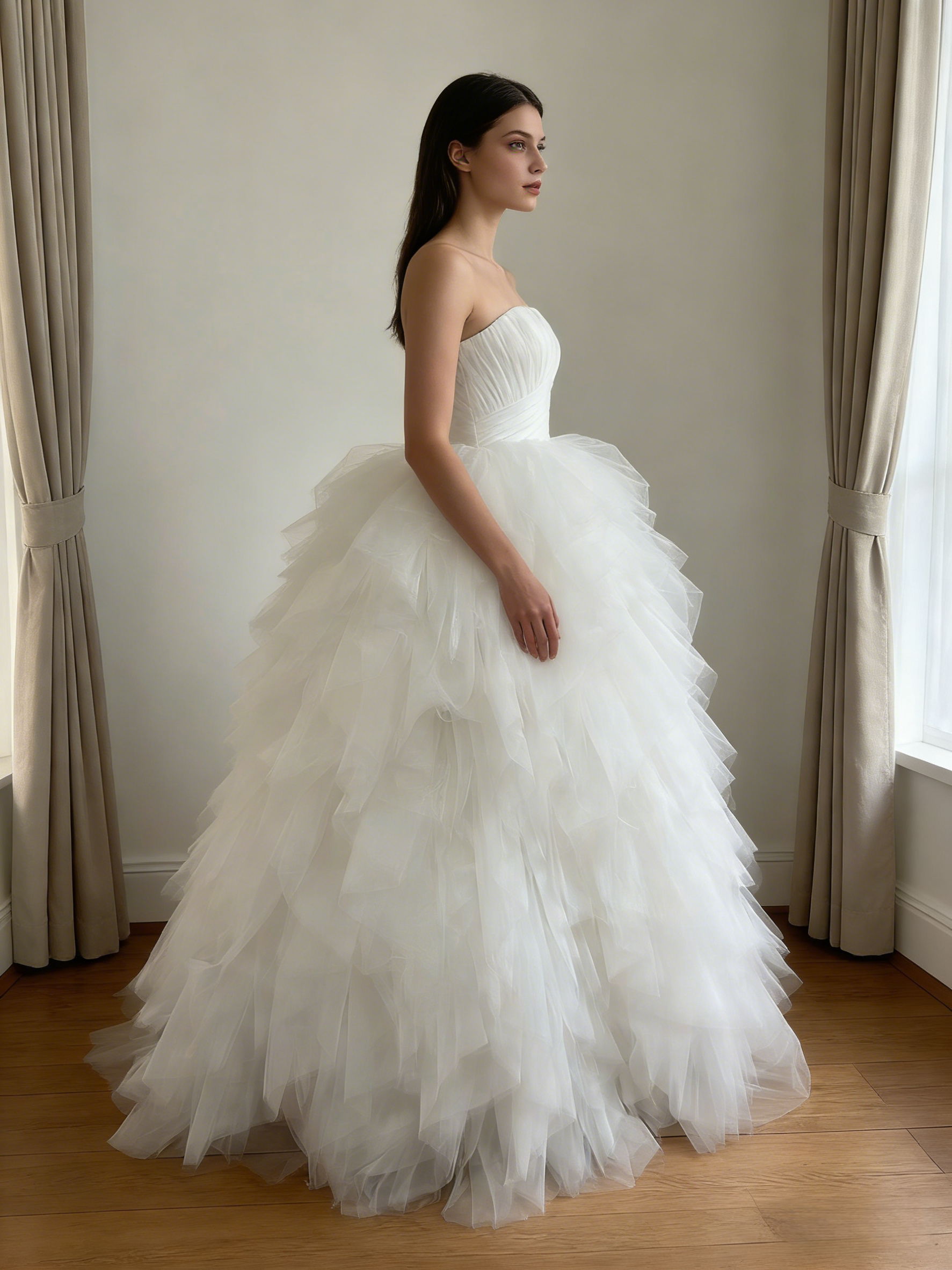ウェディングドレス ベアトップ オリジナルドレス ラッフルフリル ボリュームドレス 結婚式