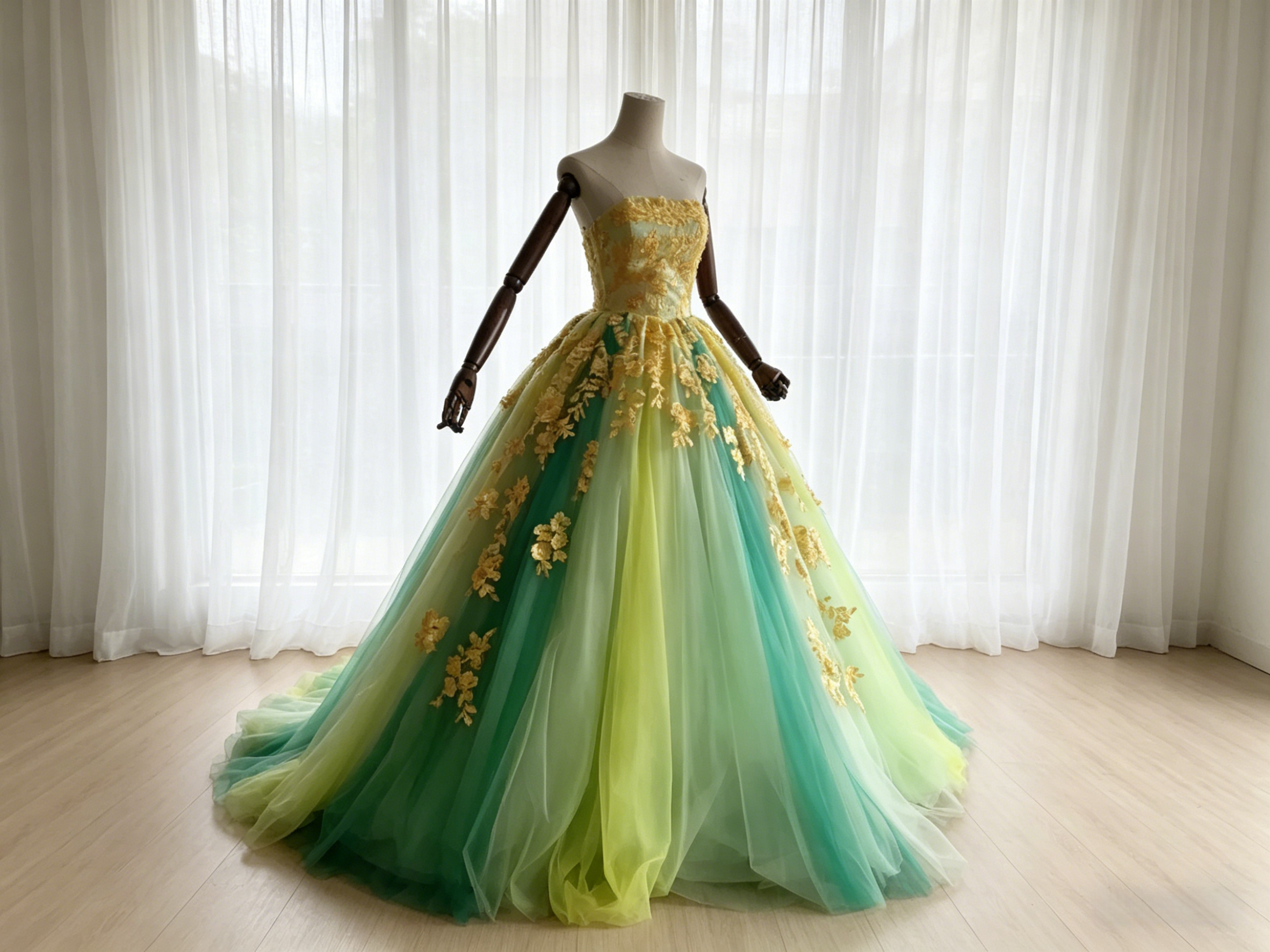 実例写真！カラードレス グリーン グラデーション ベアトップ 繊細レース チュールスカート 前撮り 花嫁