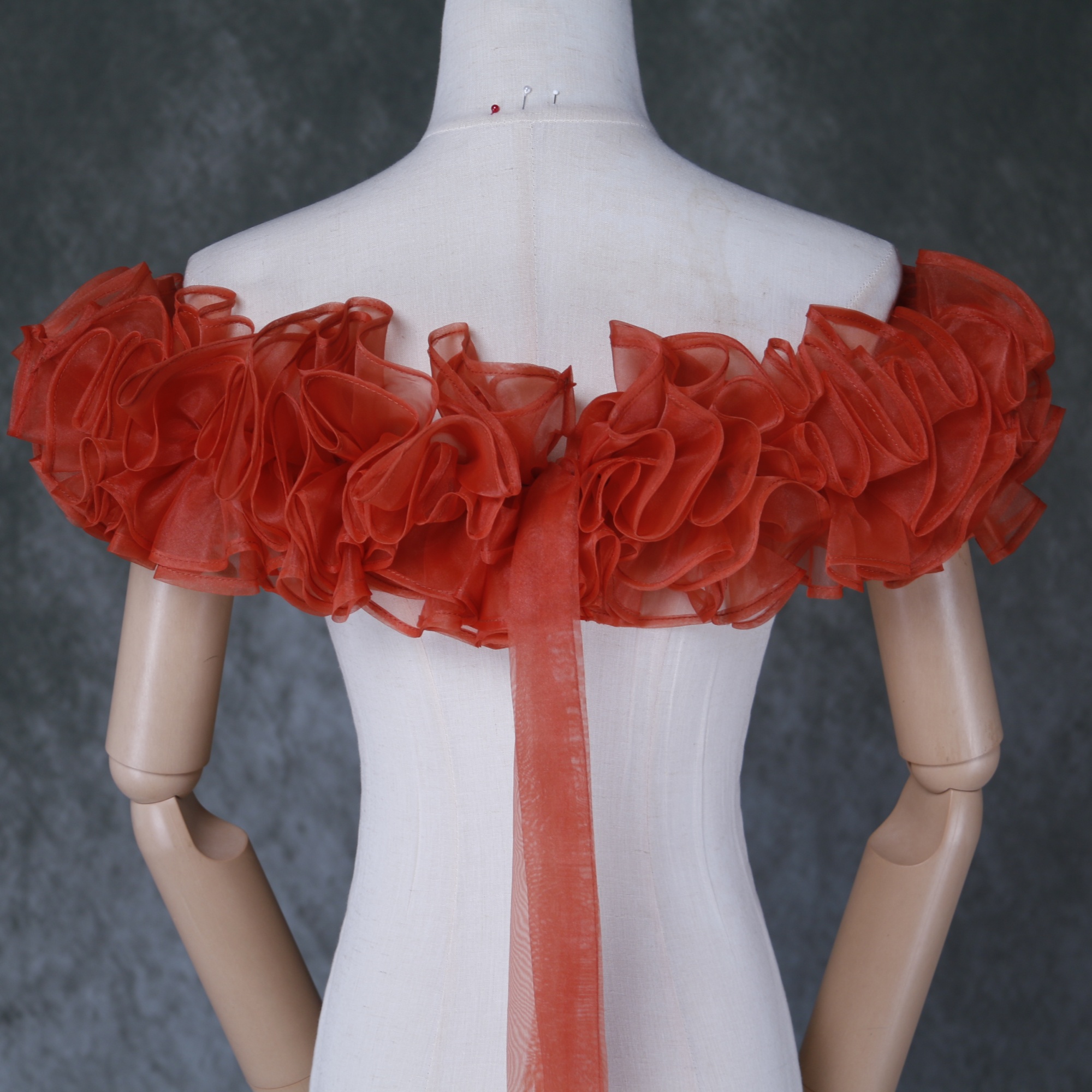 可愛い オフショルダー 取り外し テラコッタ色 ラッフルフリル 色直し 花嫁/前撮り