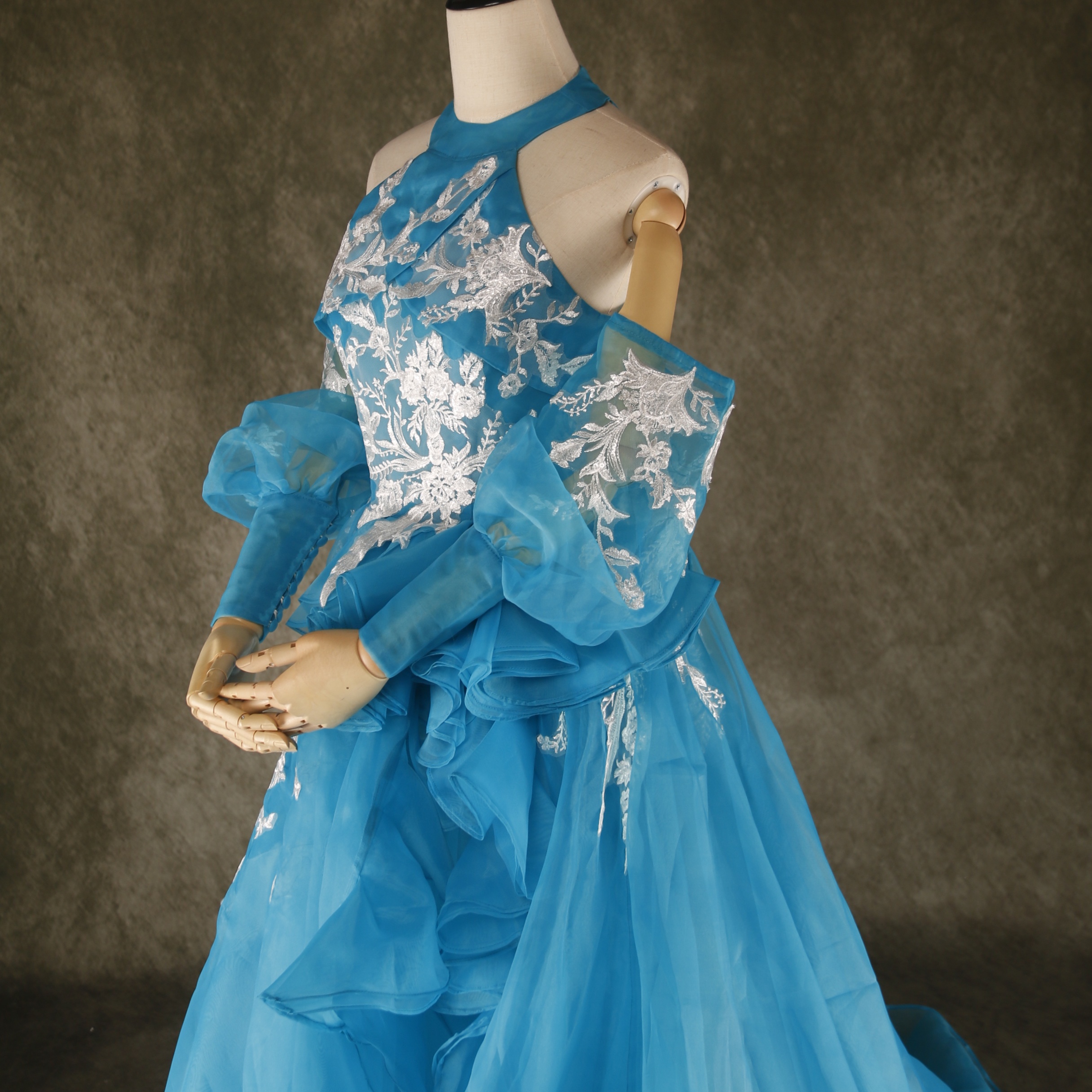 カラードレス ブルー 上質オーガンジー ホルターネック ロングスリーブ  