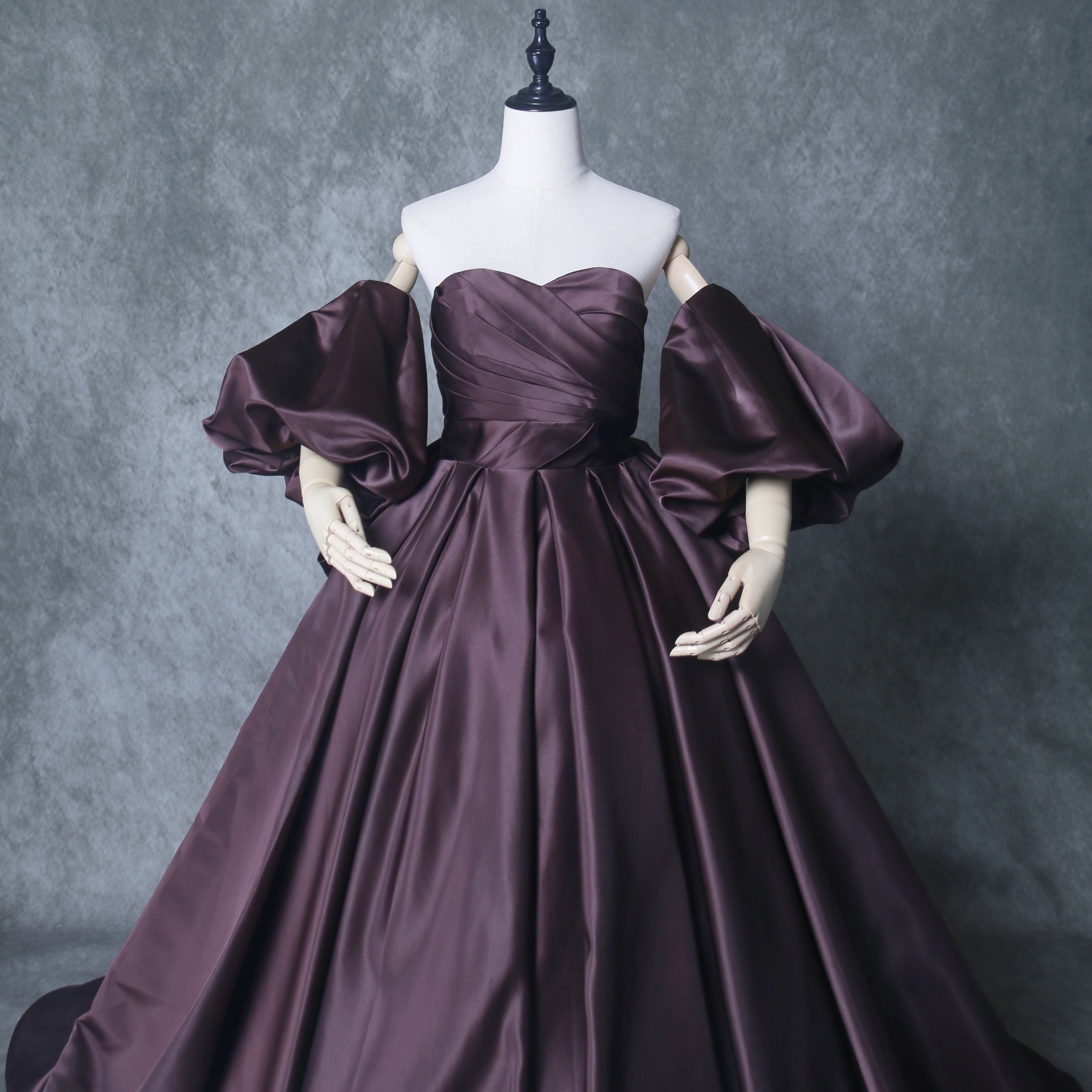 パーティードレス ふっくら柔らかなバックリボン 取り外し袖 光沢サテン ブラウン 前撮り 2次会 演奏会