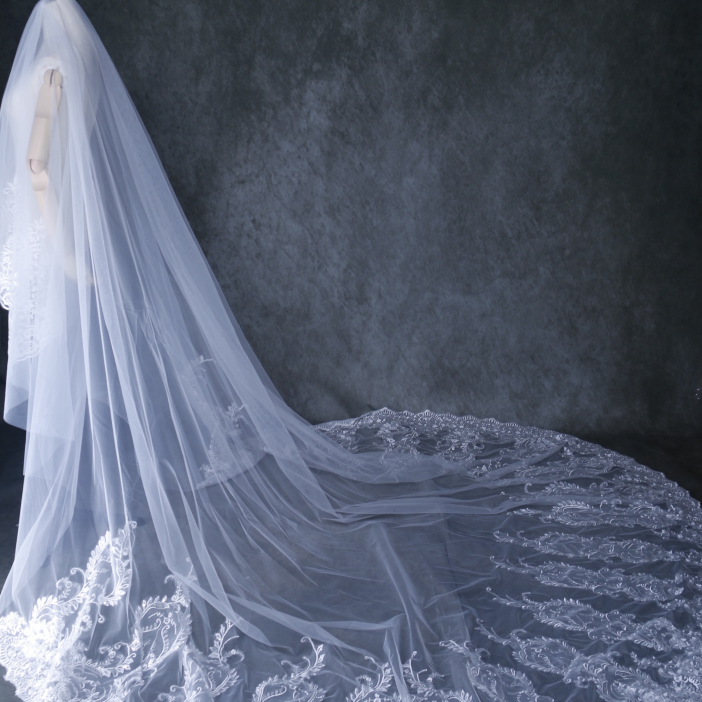 シアーな美しさ ロングベール キラキラスパンコール 上品花レース 花嫁/ウェディングドレス