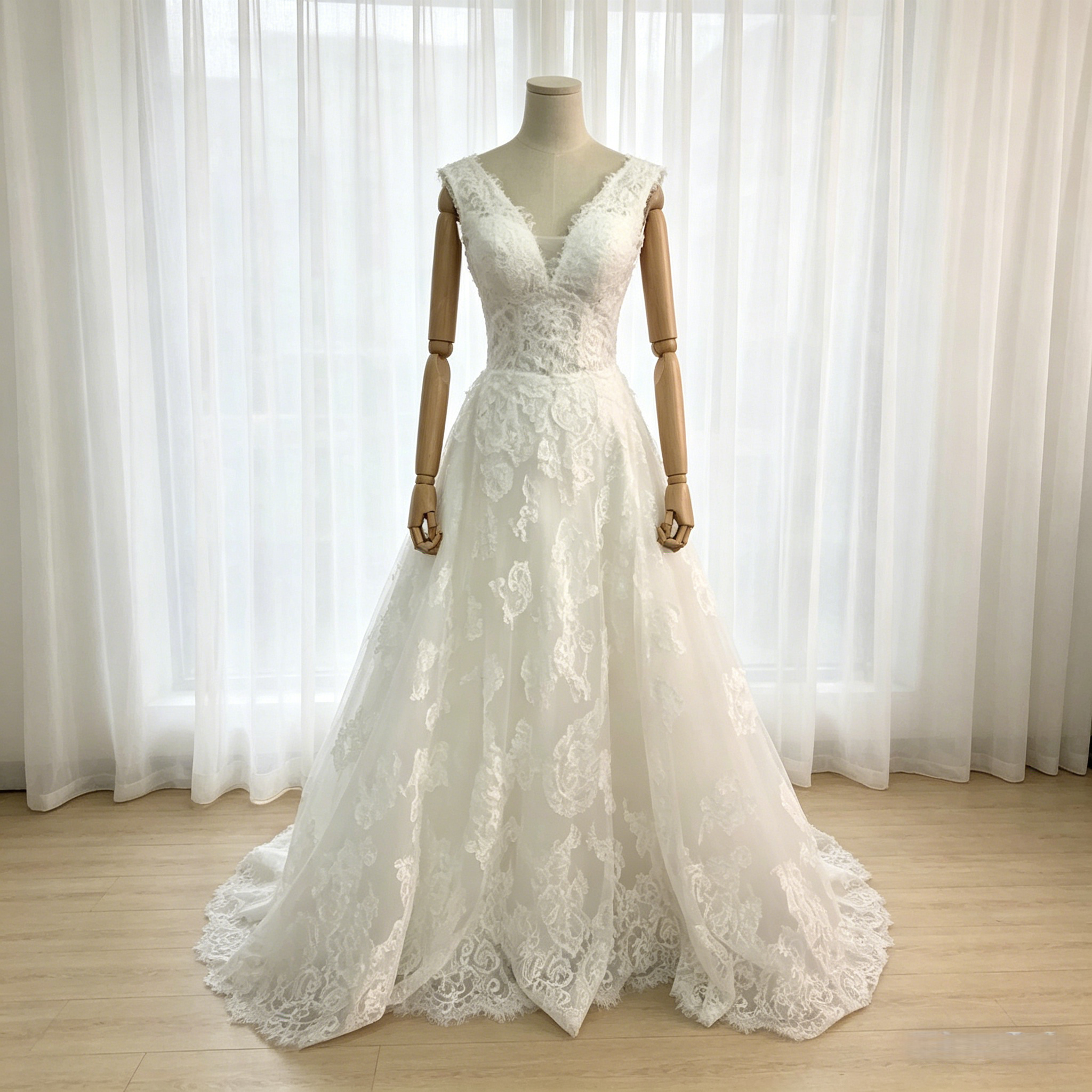 高品質！ウエディングドレス Vネックドレス 咲き誇る透け花レース リボントレーン 花嫁/結婚式/ブライズメイド
