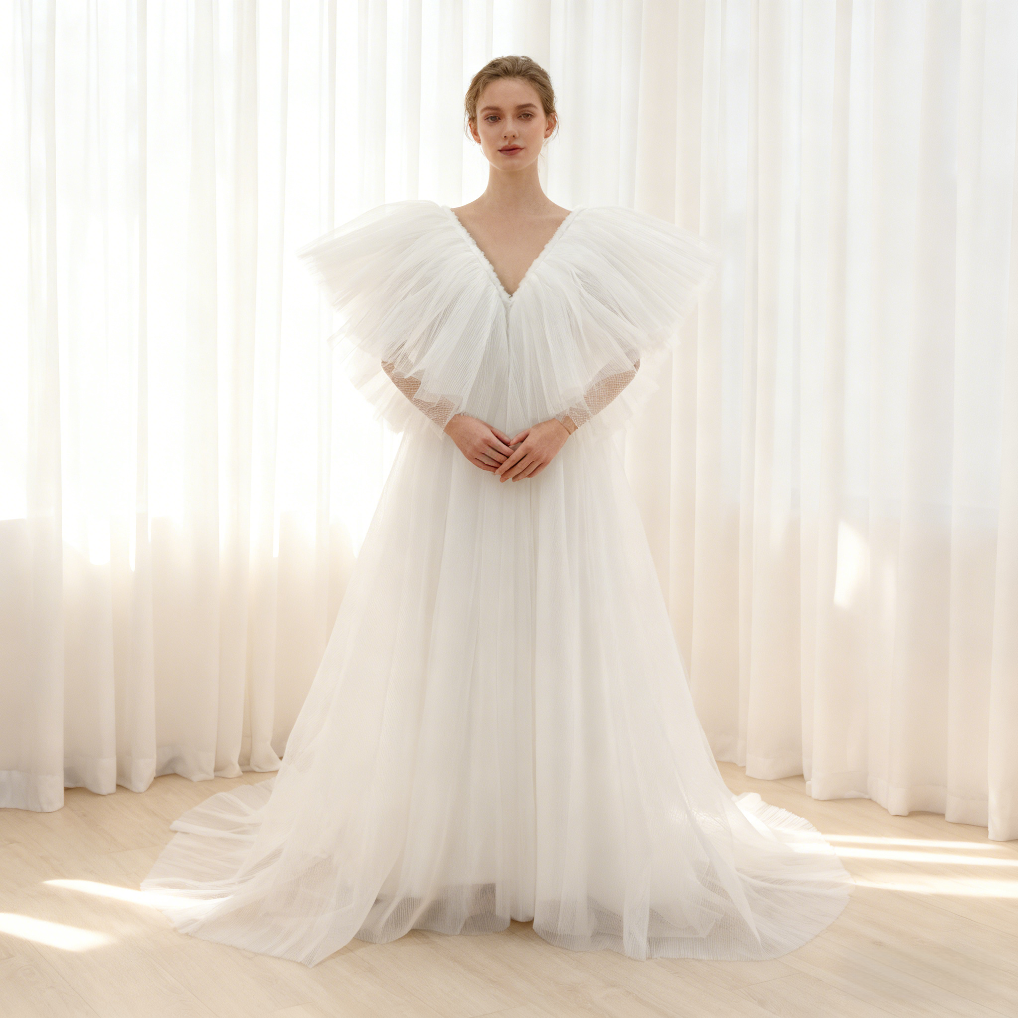 ウエディングドレス Vネック フリル袖 プリーツドレス バックレス 結婚式 海外挙式