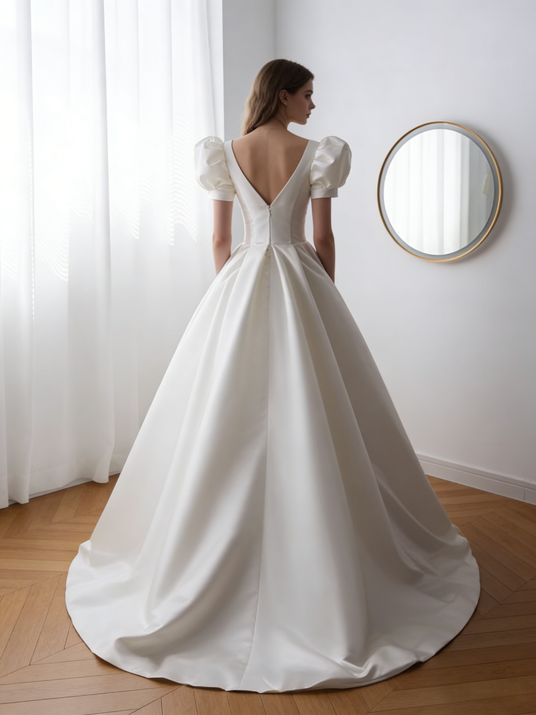 上品！ウェディングドレス Vネック パフスリーブ ロイヤルサテン ミニトレーン 結婚式