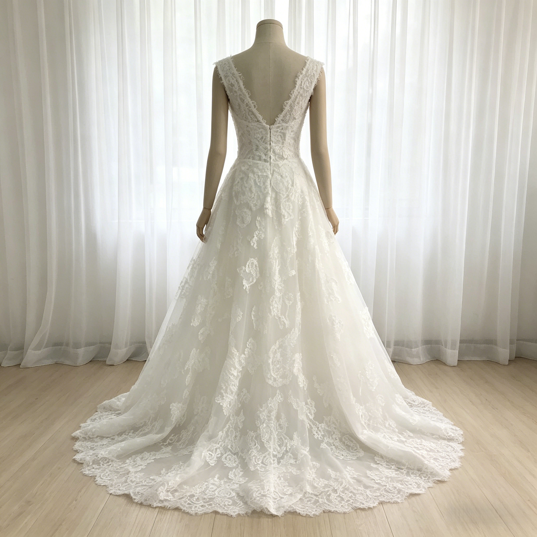 高品質！ウエディングドレス Vネックドレス 咲き誇る透け花レース リボントレーン 花嫁/結婚式/ブライズメイド
