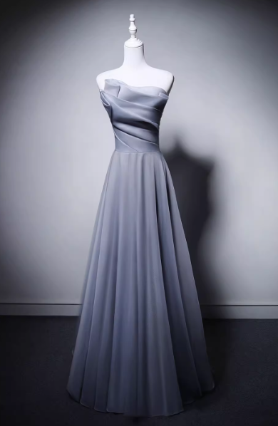 カラードレス ブルーグレー ベアトップ ハンドドレープ Aライン 編み上げ ふわふわドレス 音楽会