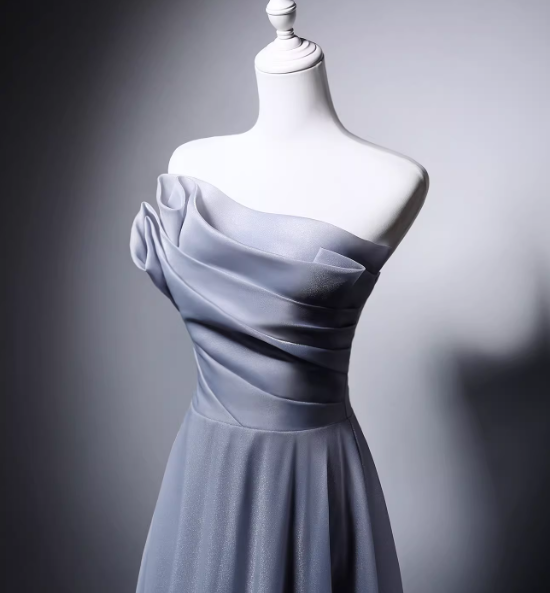 カラードレス ブルーグレー ベアトップ ハンドドレープ Aライン 編み上げ ふわふわドレス 音楽会