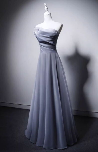 カラードレス ブルーグレー ベアトップ ハンドドレープ Aライン 編み上げ ふわふわドレス 音楽会
