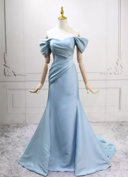 カラードレス ブルー オフショルダー ハンドドレープ マーメイドライン 豪華なバックリボン 編み上げ 演奏会