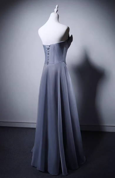 カラードレス ブルーグレー ベアトップ ハンドドレープ Aライン 編み上げ ふわふわドレス 音楽会