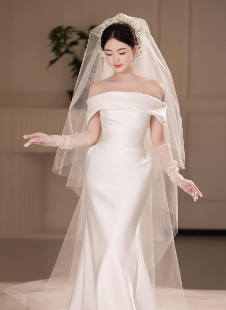 エレガント ウエディングドレス オフショルダー マーメイドライン 大人っぽい 結婚式
