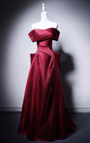 カラードレス ボルドー色 オフショルダー 光沢サテン リボン エレガント ミニトレーン 発表会