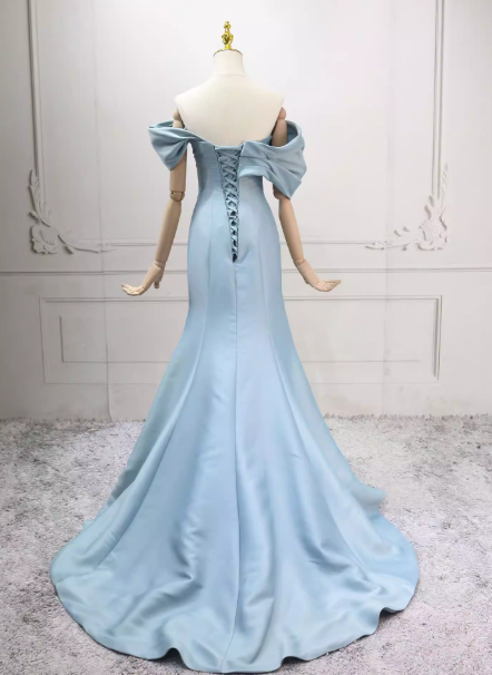 カラードレス ブルー オフショルダー ハンドドレープ マーメイドライン 豪華なバックリボン 編み上げ 演奏会