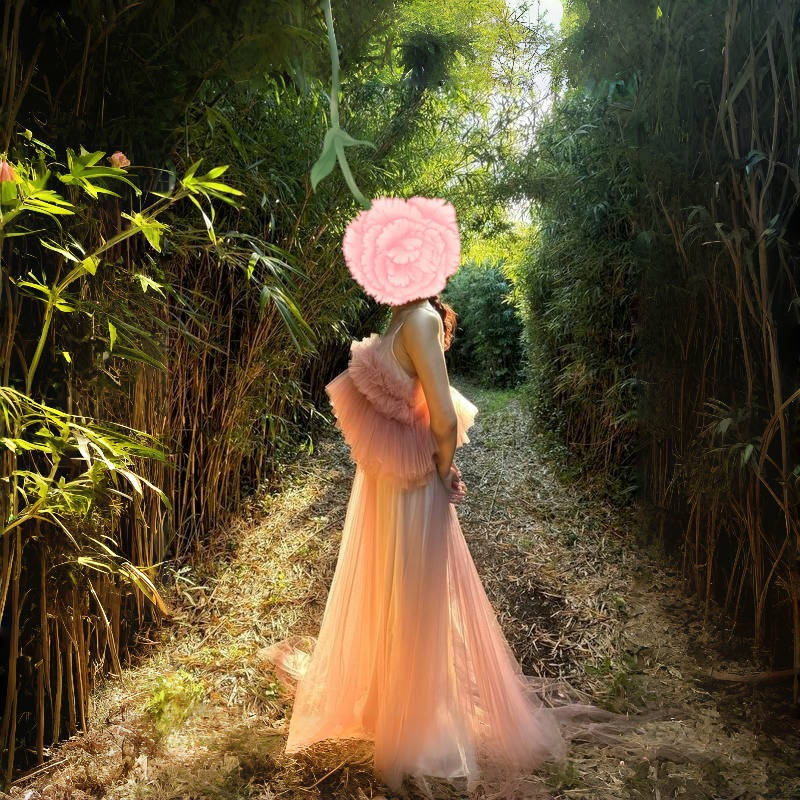 実例写真！パーティードレス 胸元フリル ピンク キャミソール ツーピース デザイン感 妊婦 前撮り 可愛い