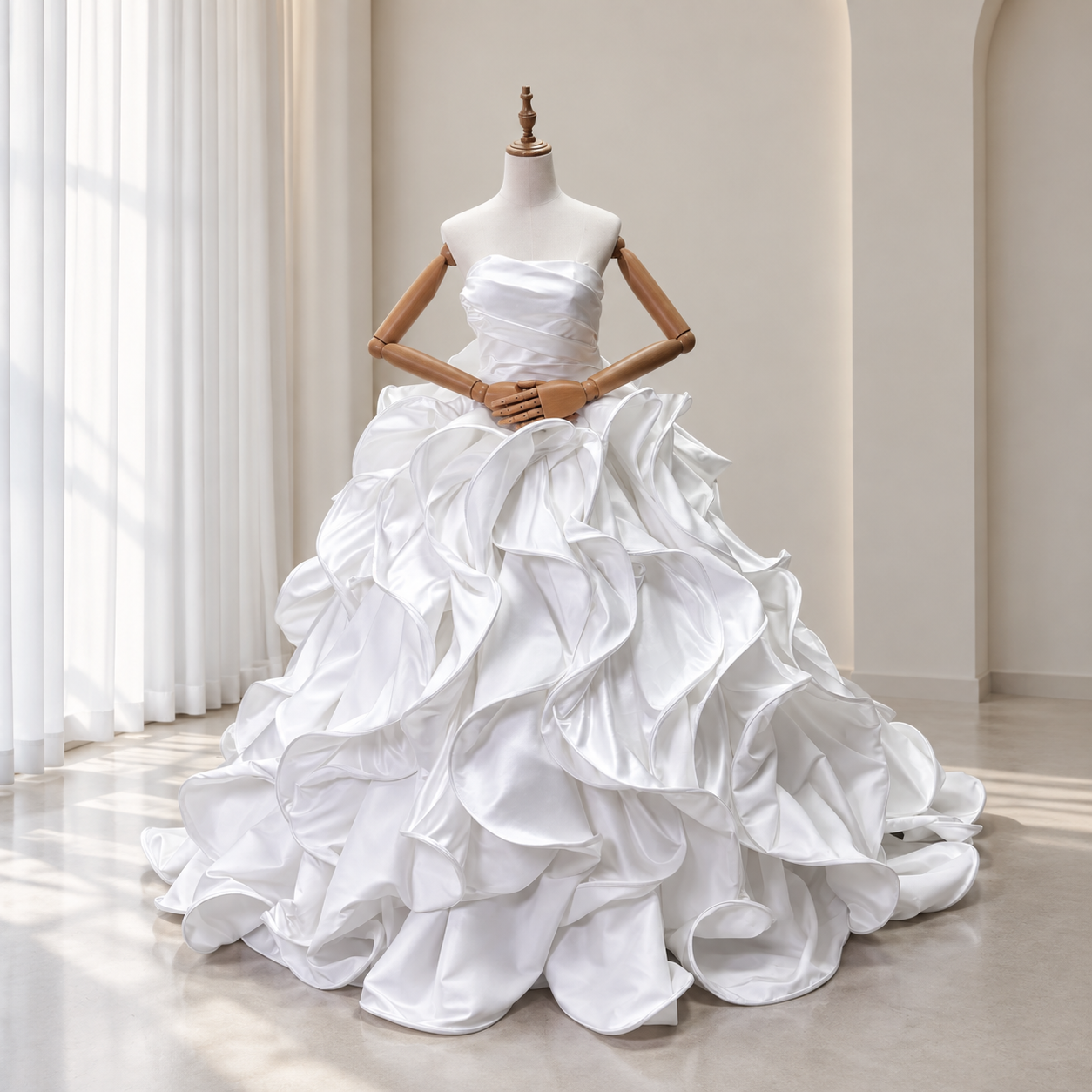 豪華！ウエディングドレス ベアトップ ラッフルフリル ロイヤルサテン ボリュームドレス 結婚式