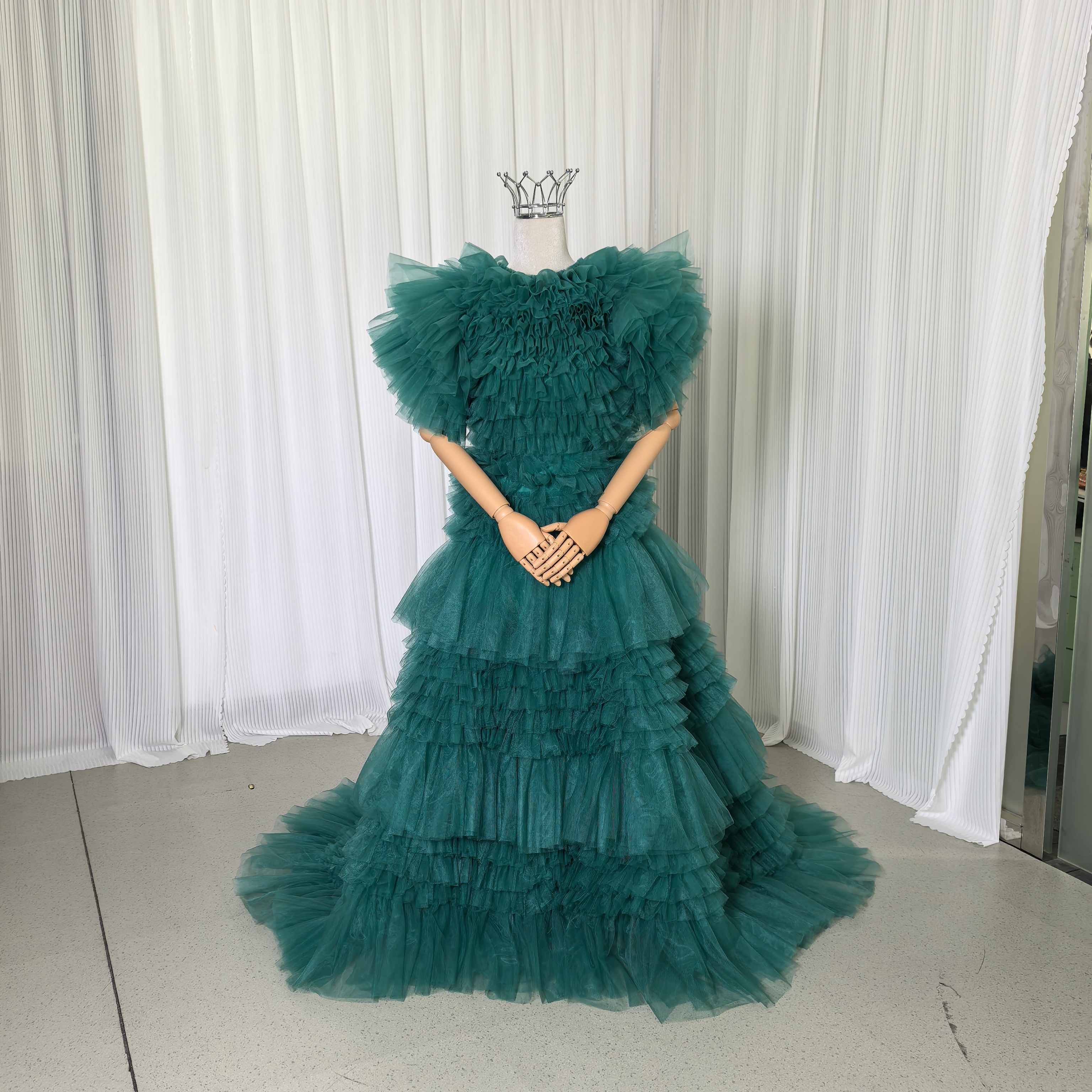 豪華！カラードレス+トップス ブルーグリーン 柔らかく重ねたチュールスカート 短トレー 前撮り 演奏会/音楽会