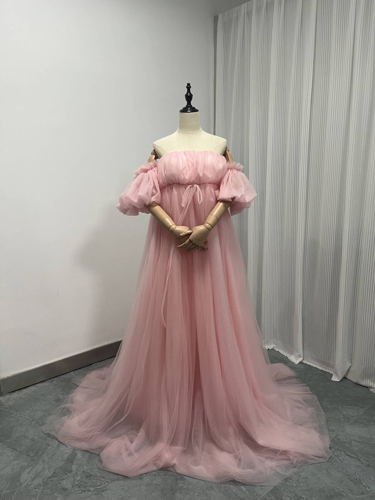 カラードレス マタニティ パーティードレス オフショルダー ロングスリーブ チュールスカート フリー 前撮り