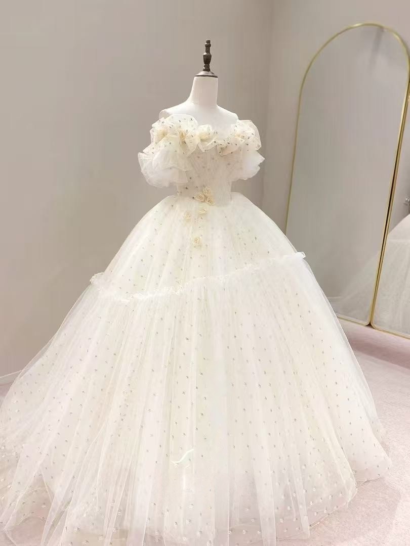 カラードレス 薄シャンパンの色 オフショルダー ソフトチュール プリンセスライン 二次会/前撮り