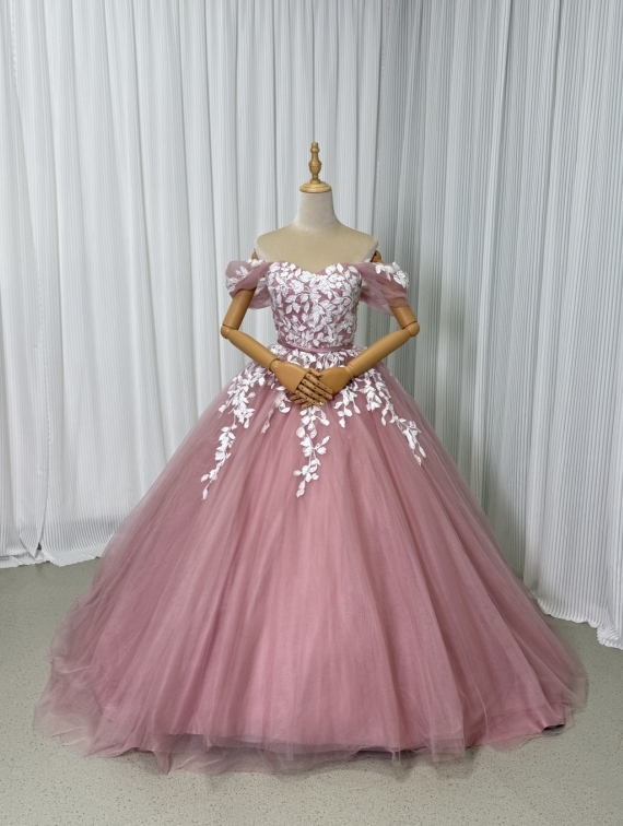 カラードレス ピンク オフショルダー エレガントレース Aライン 編み上げ 披露宴