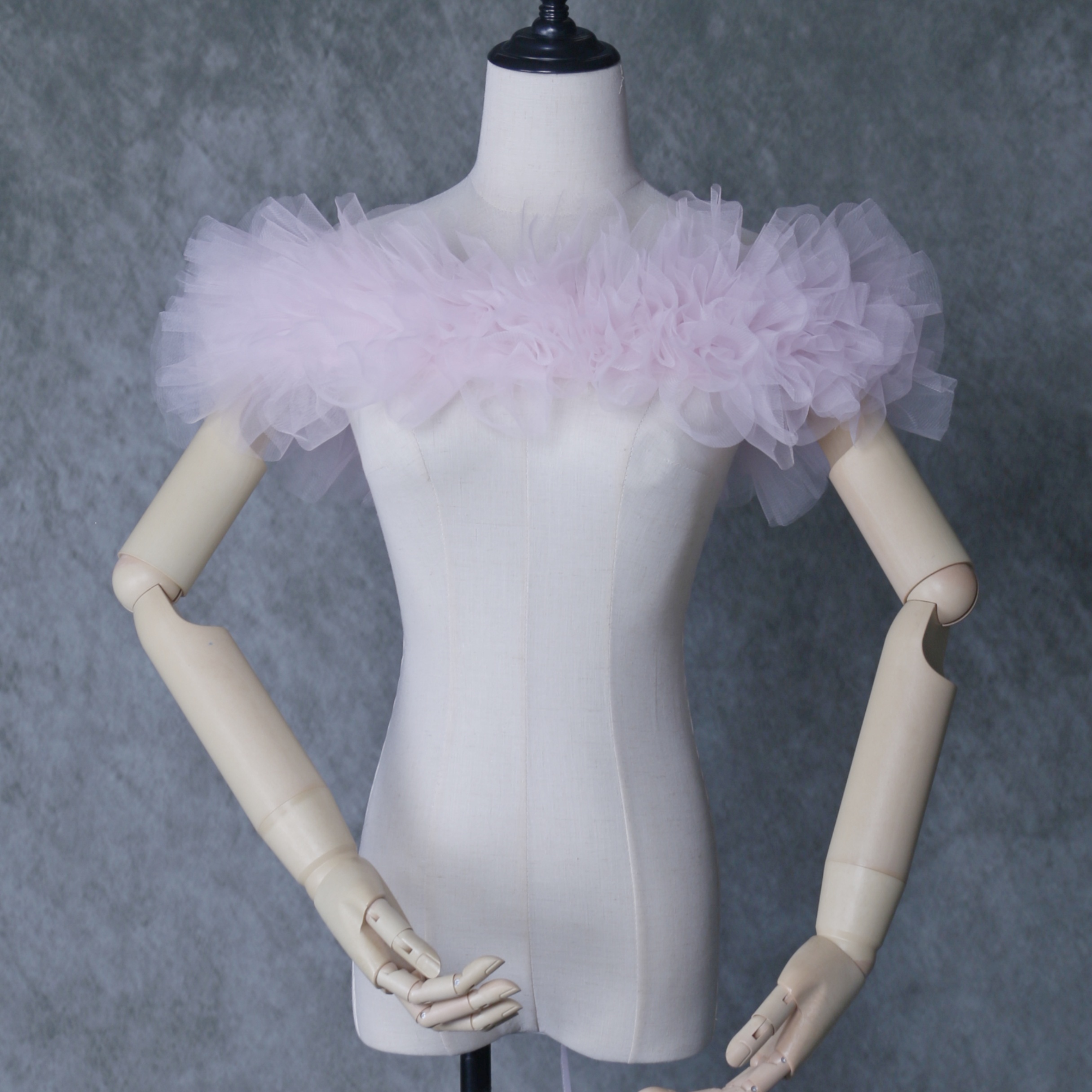 取り外しオフショルダー ピンク 編み上げ ソフトチュール 色直し 花嫁/ウェディングドレス