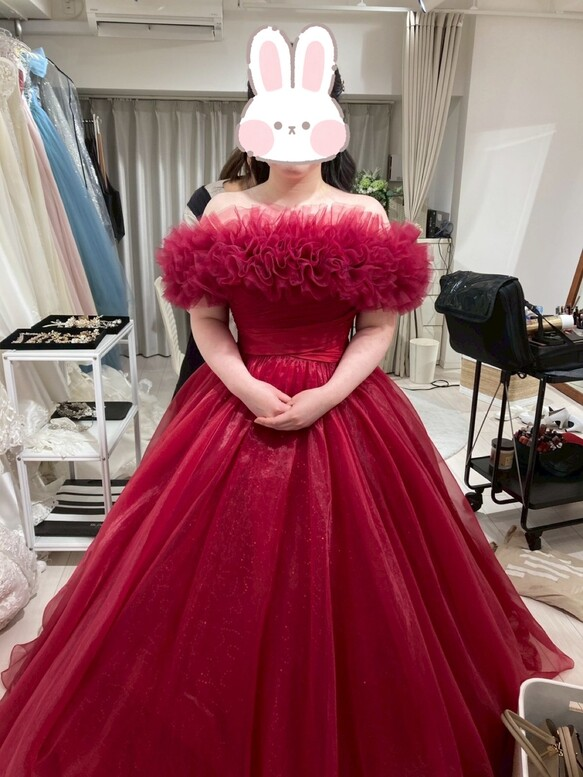 実例写真！取り外しオフショルダーのみ ワインレッド ソフトチュール 編み上げ 花嫁