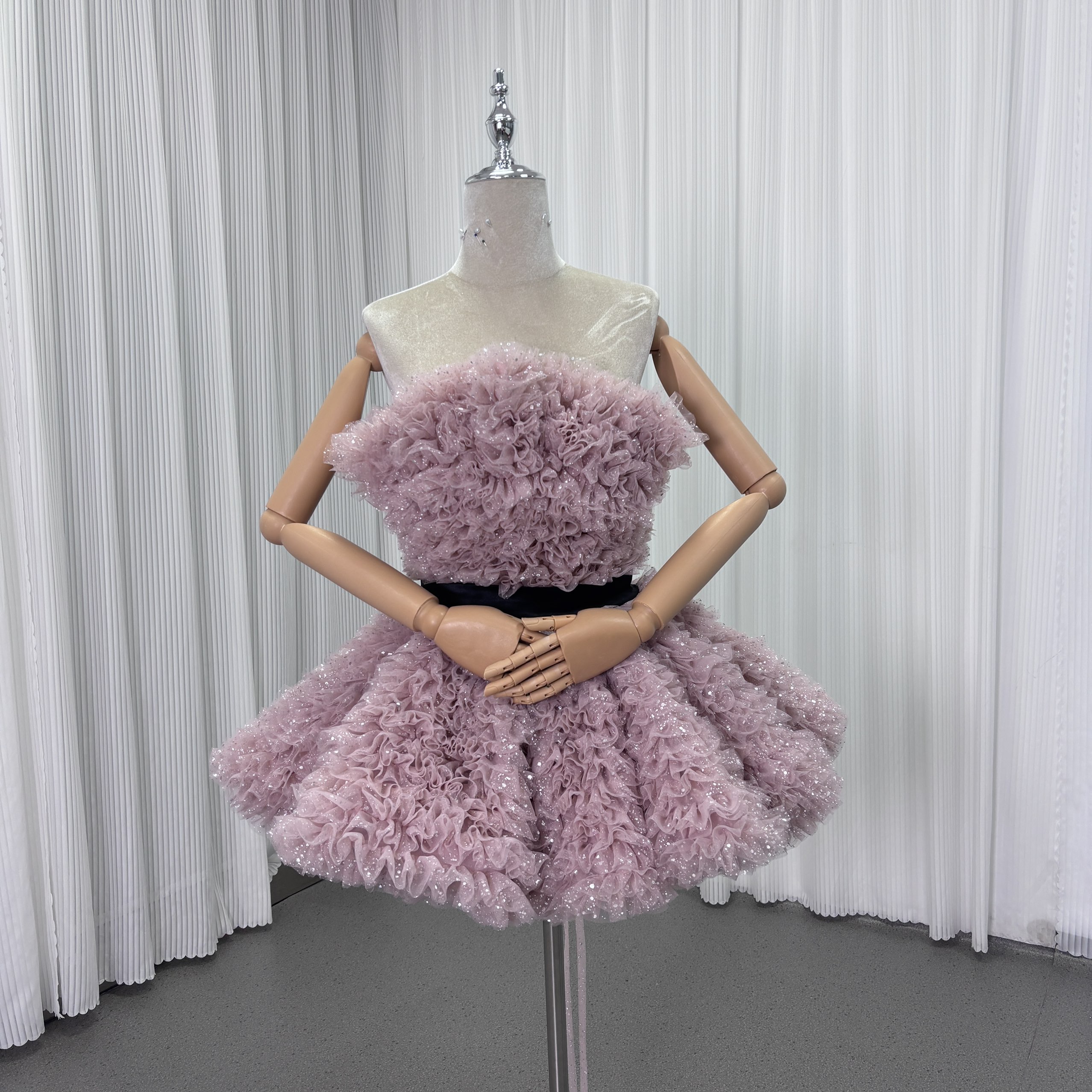 トップス ローズピンク キラキラチュール ベアトップ 優雅なシルエット 編み上げ 花嫁