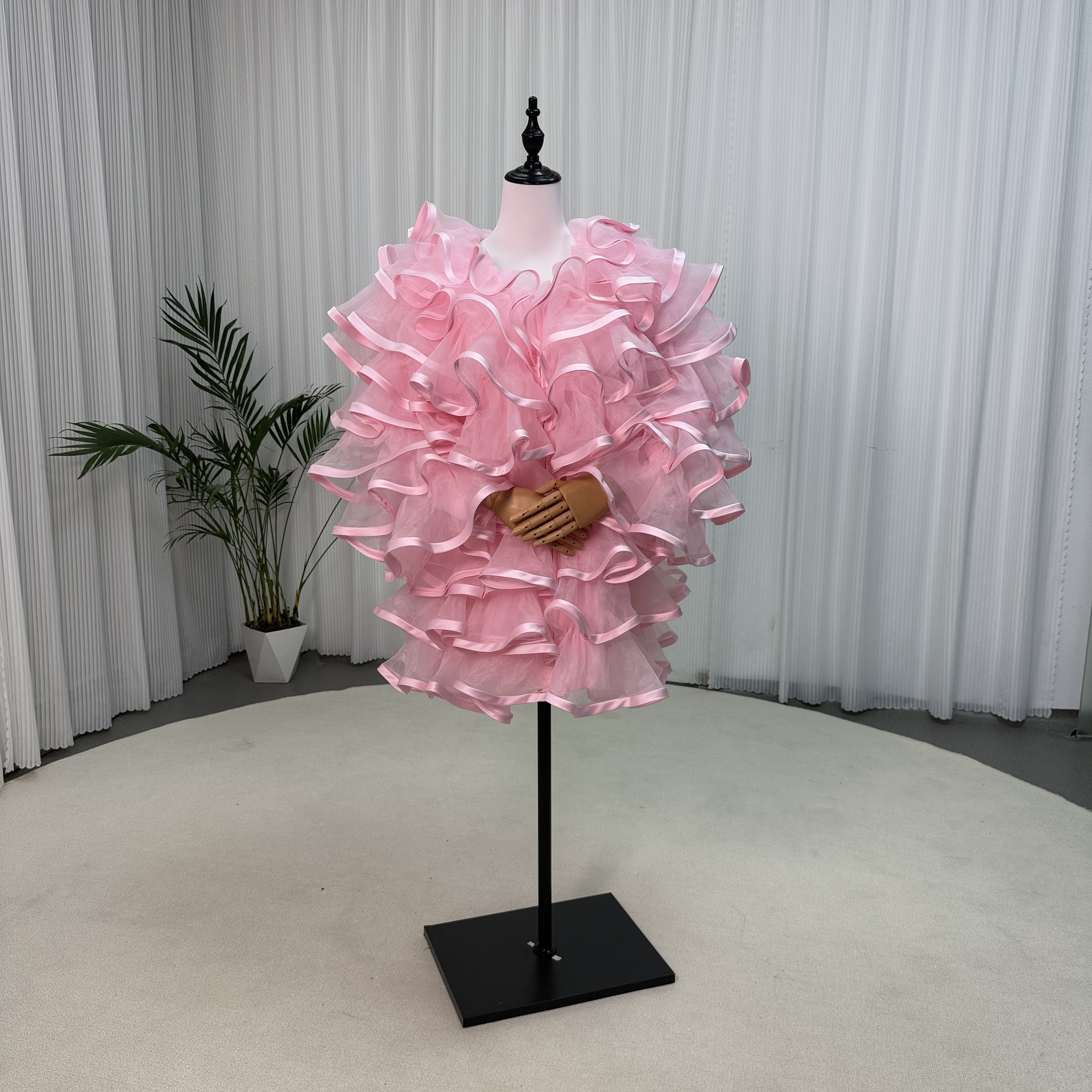 トップス ピンク 上質オーガンジー ロングスリーブ フリルドレス ラッフルフリル デザイン感 前撮り