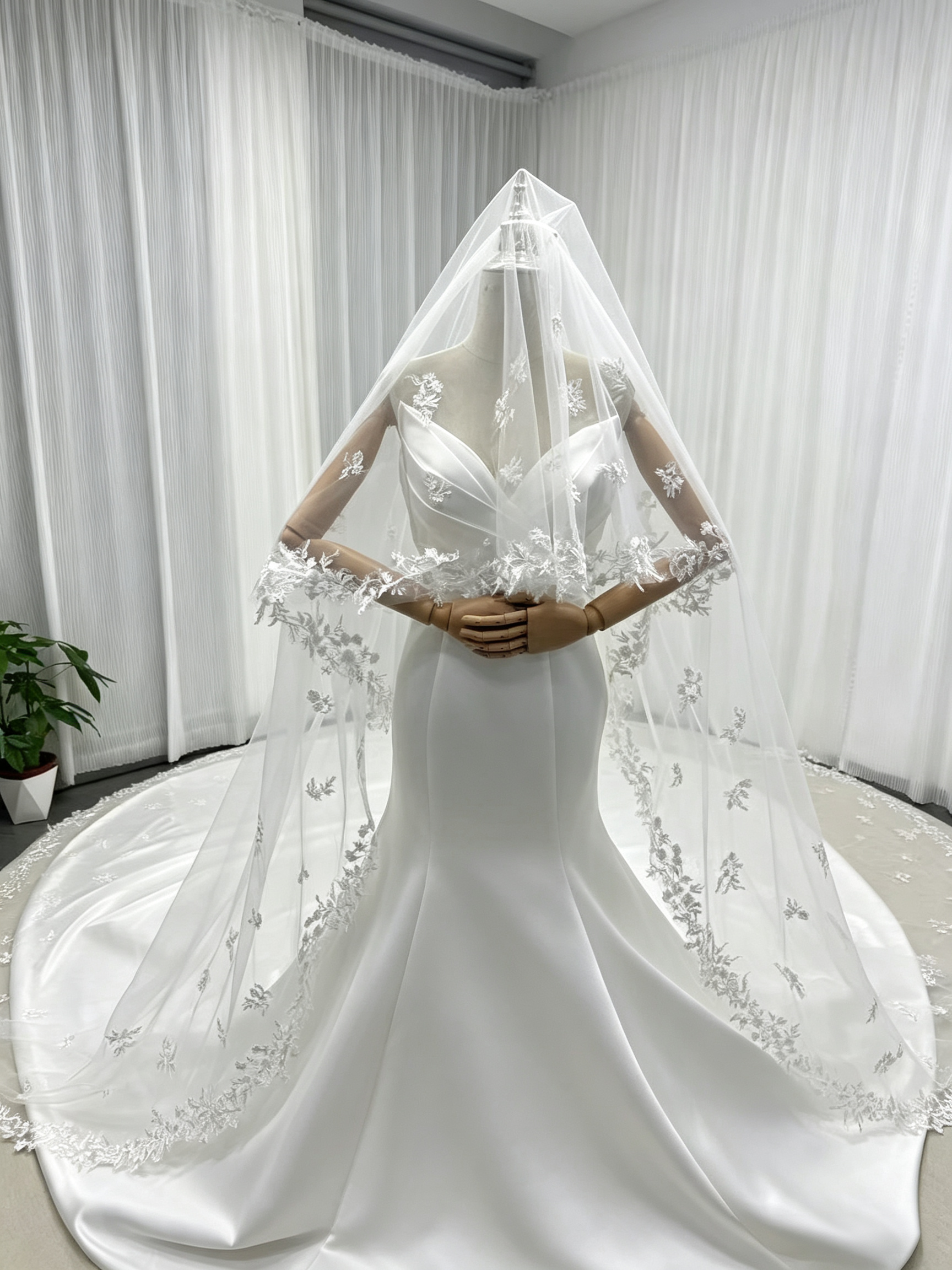 ウエディングドレス+ロングベール コーム付き ベアトップ ロングトレーン マーメイドライン 大人っぽい 結婚式