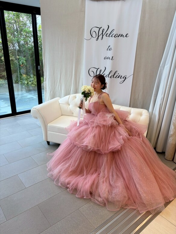 実例写真！カラードレス ピンク キャミソール ビロード キラキラチュール 可愛い 編み上げ 憧れのドレス 花嫁