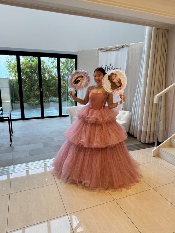 実例写真！カラードレス ピンク キャミソール ビロード キラキラチュール 可愛い 編み上げ 憧れのドレス 花嫁