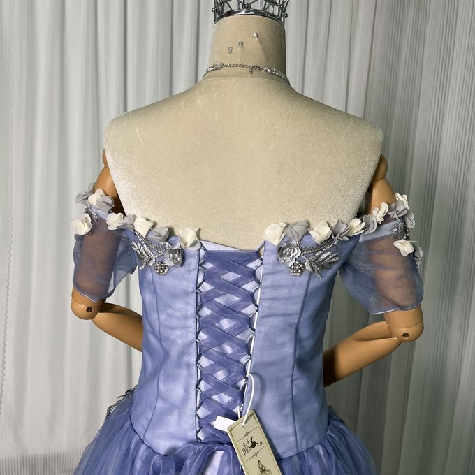 実例写真！カラードレス ブルー 花モチーフ オフショルダー ロング ソフトチュール 編み上げ 前撮り