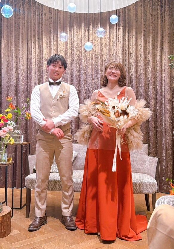 実例写真！パーティードレス テラコッタ色 キャミソール+トップス Vネック ロングワンピース 前撮り