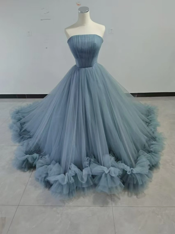 実例写真！カラードレス ブルー 取り外しオフショルダー ラッフルフリル ソフトチュール デザイン感 花嫁