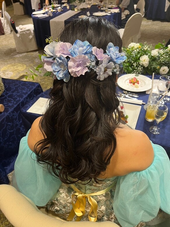 実例写真！パフスリーブ ブルー ソフトチュール ストレッチ ブライダル 結婚式 前撮り 可愛い