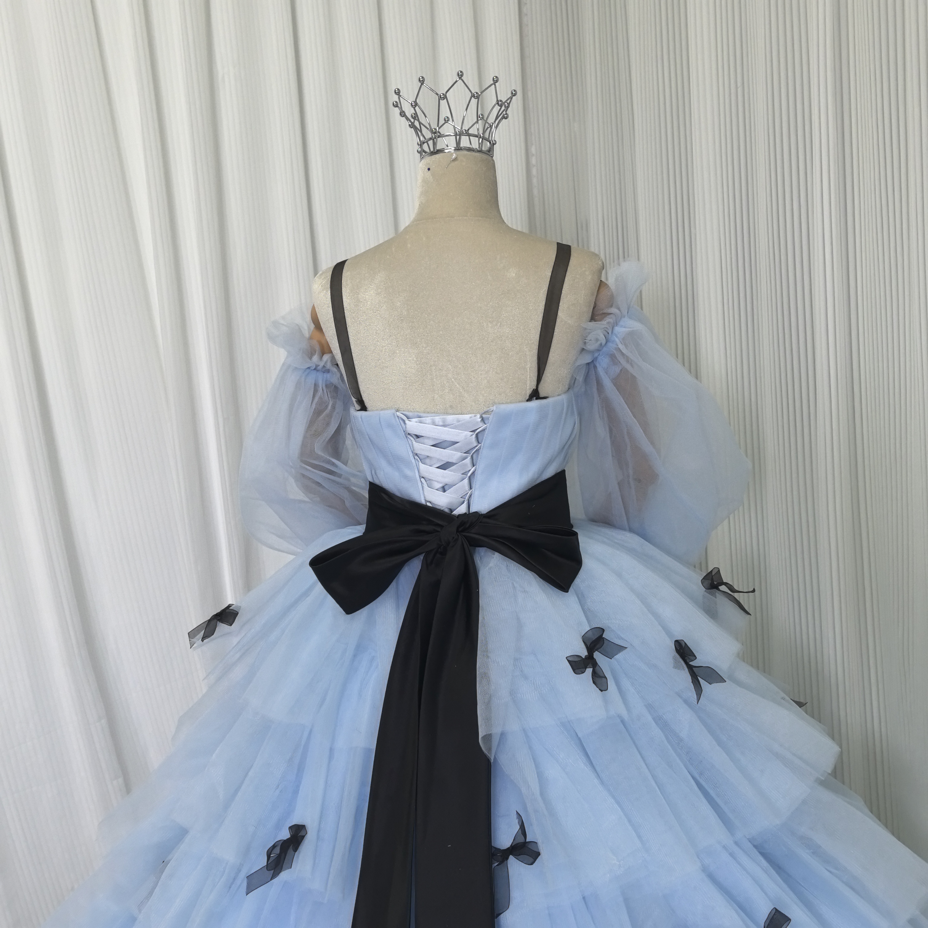 カラードレス ブルー ベアトップ シースルー袖 リボン 姫袖 プリンセスライン チュールドレス 花嫁
