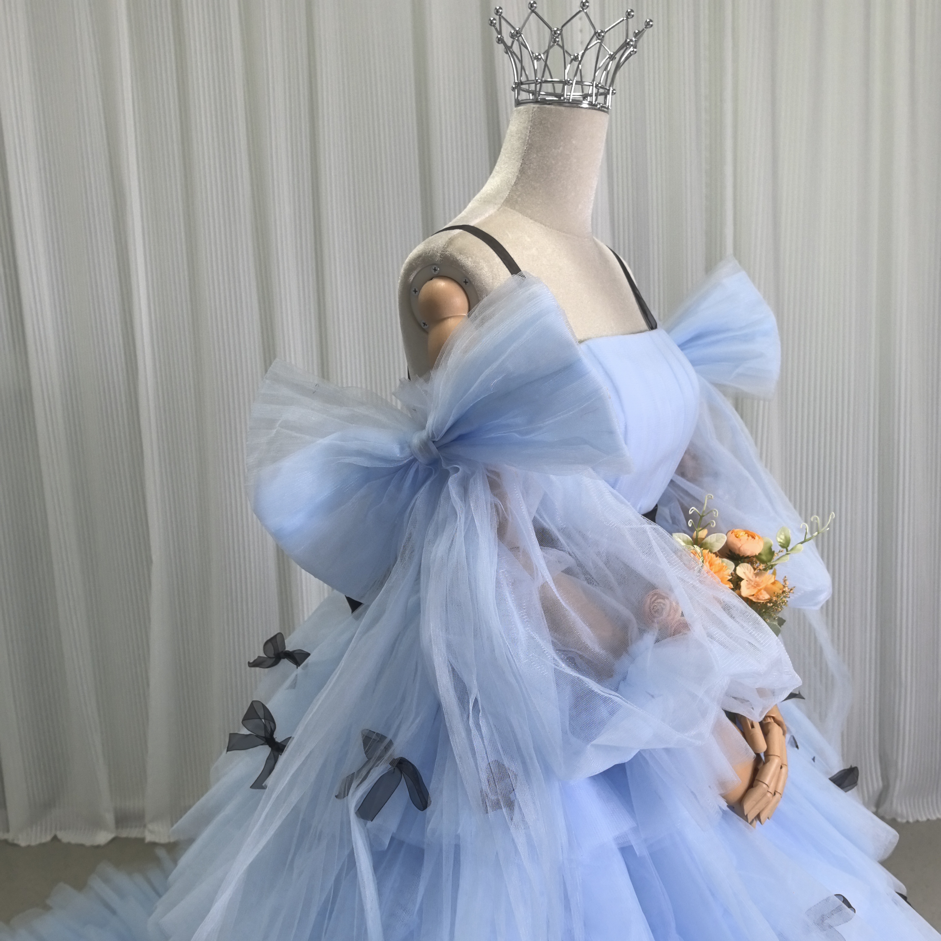 カラードレス ブルー ベアトップ シースルー袖 リボン 姫袖 プリンセスライン チュールドレス 花嫁
