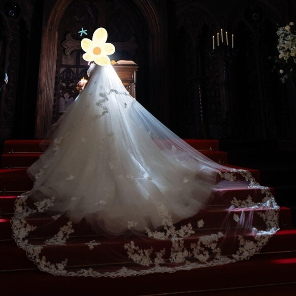 実例写真！ロングベール コーム付き 美しい花レース シアーな美しさ フランス風 拳式/前撮り