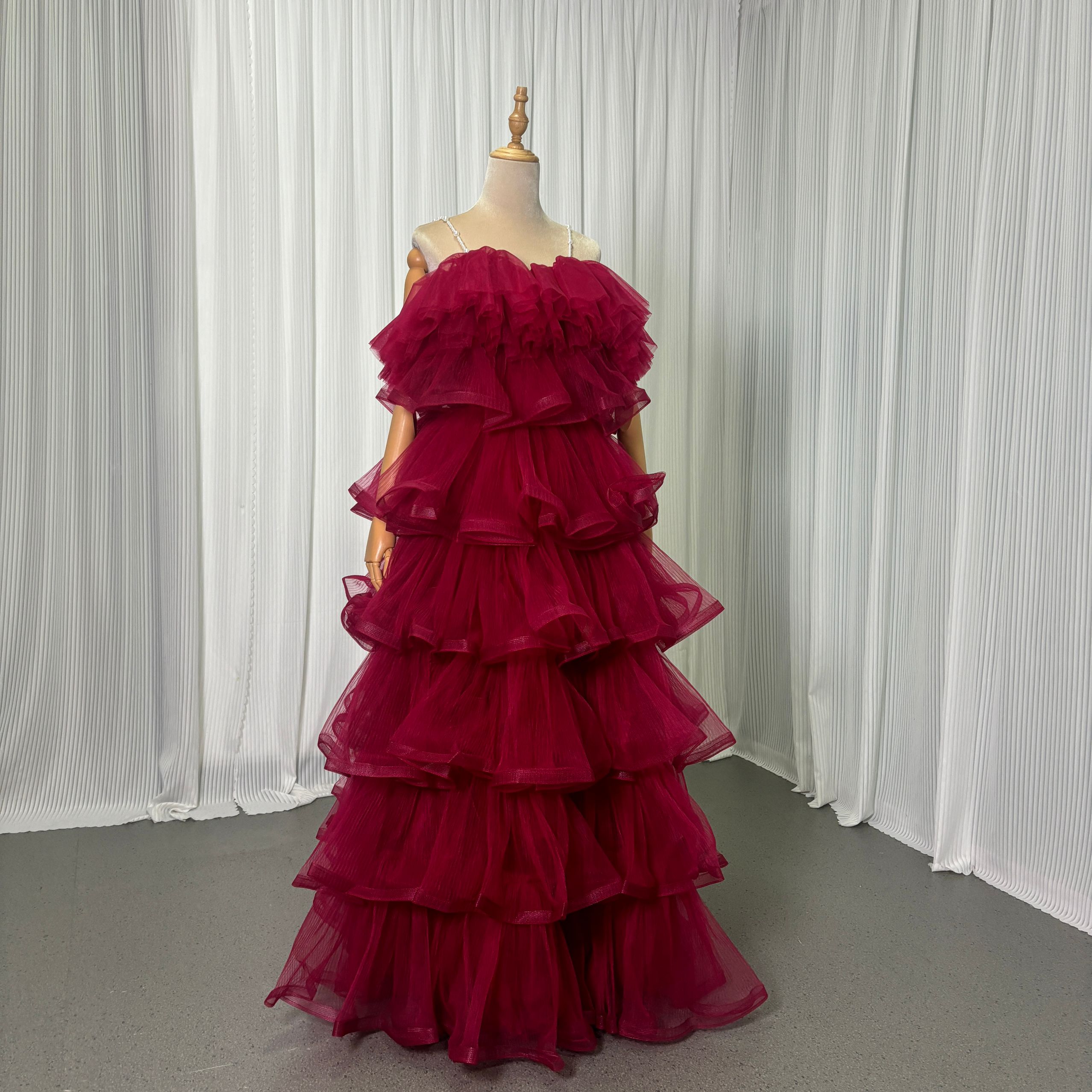 カラードレス ボルドー色 ビーズキャミソール ティアードのドレス ロング ラッフルフリル 前撮り 二次会