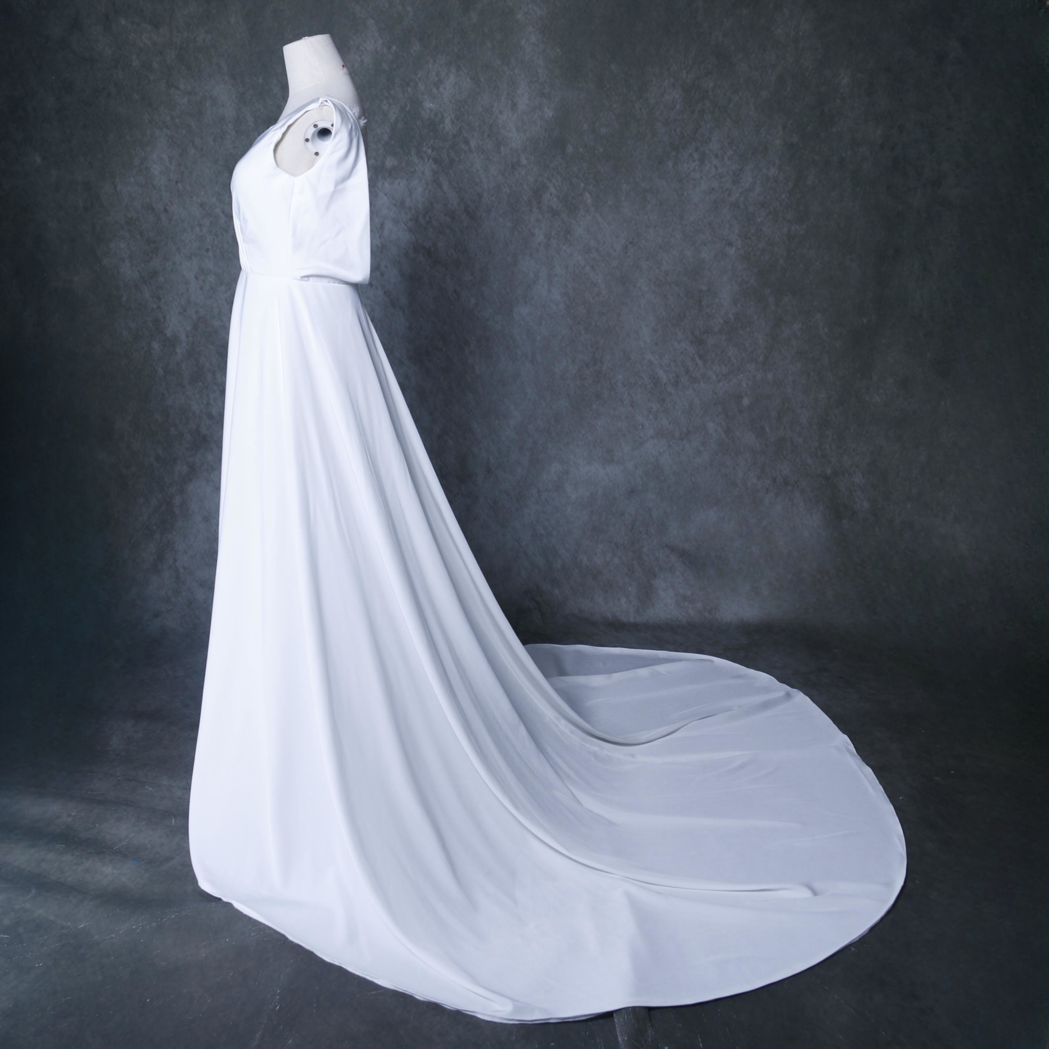 エレガント パーティードレス Vネック オフホワイト 美しいバックレース トレーン 二次会/前撮り